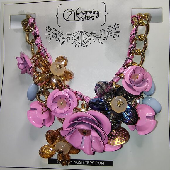 7 Charming Sisters “Among the Wild Flowers” Bib Necklace NWT Pink Floral Stateme - Picture 3 of 3